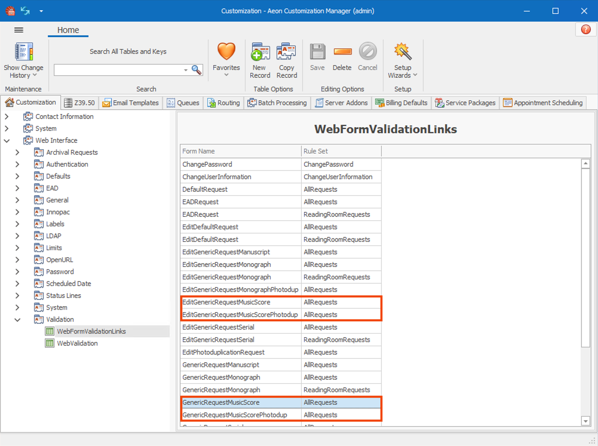 WebFormValidationLinks table